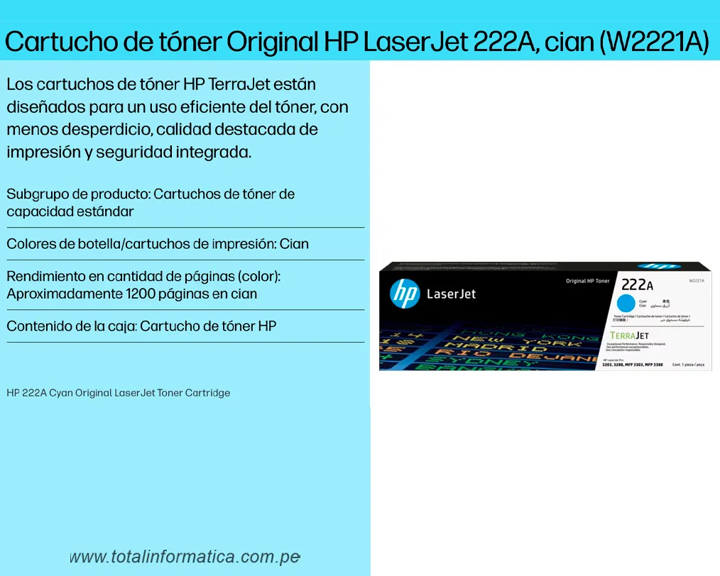 HP Toner W2221A Cyan Pro MFP 3303fdw 1200 Páginas - imagen 2