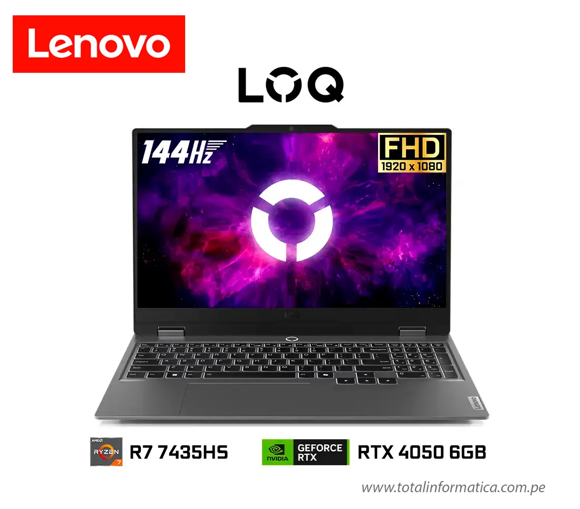 LAPTOP LENOVO LOQ 15ARP9 RYZEN 7435HS 24GB, SSD 512GB 15.6"144HZ RTX4050 6GB, FREEDOS - imagen 1