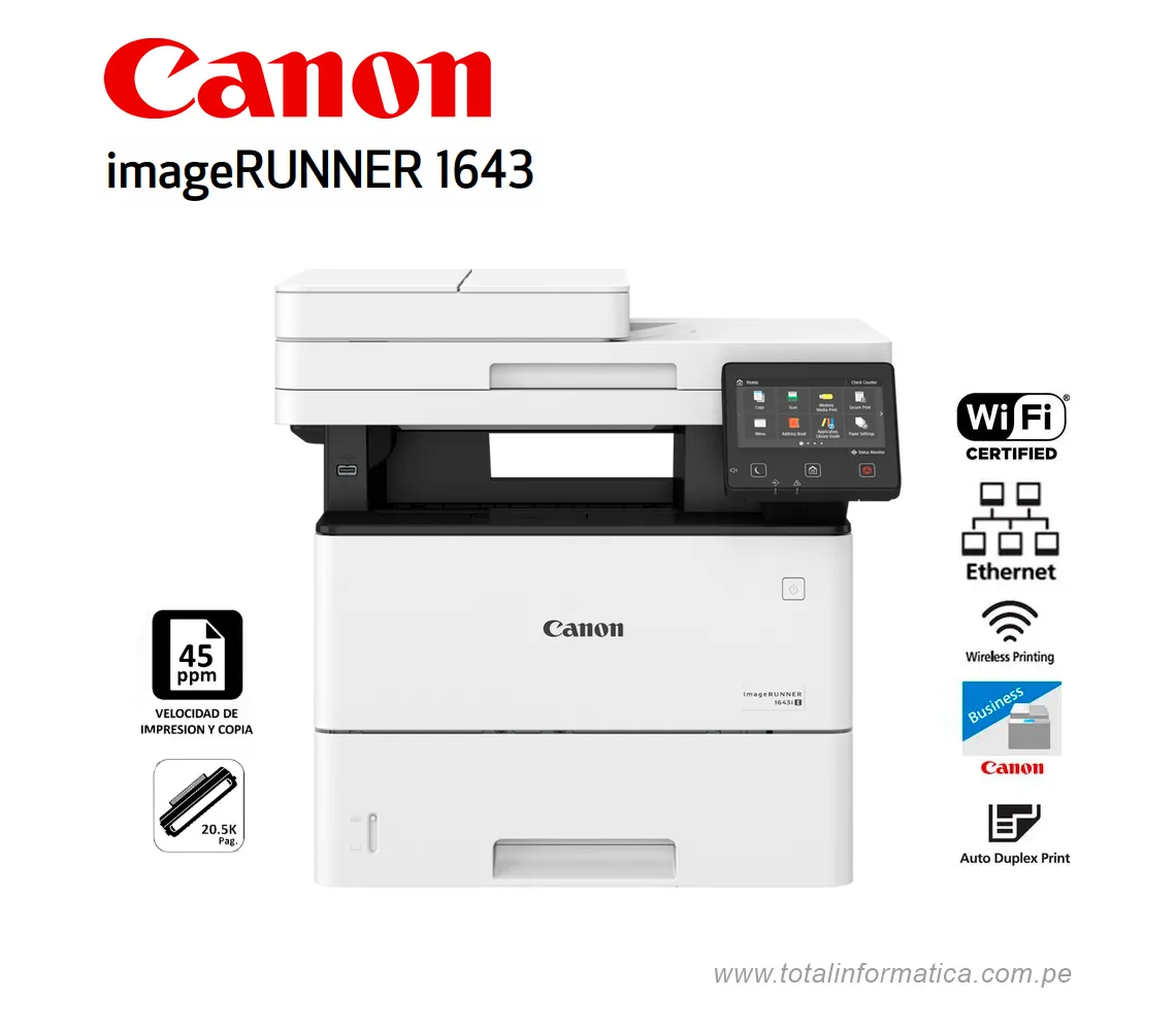 IMPRESORA CANON IMAGERUNNER IR-1643IF LASER, A4 MONO 600X600, DPI 45PPM - imagen 1