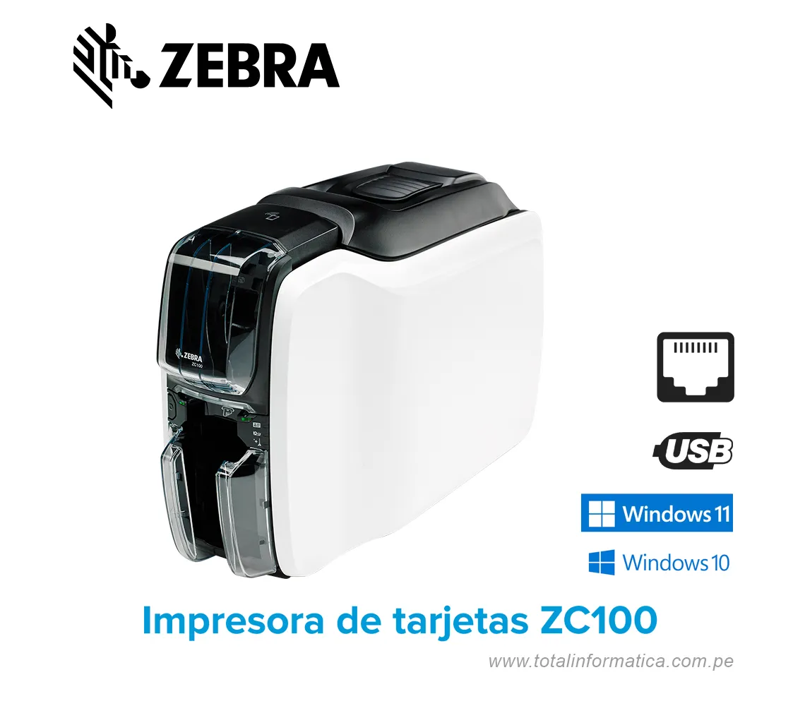 IMPRESORA DE TARJETAS ZEBRA ZC100 ZC11-0000Q00LA00, 300x300DPI, USB 2.0, NEGRO BLANCO - imagen 1