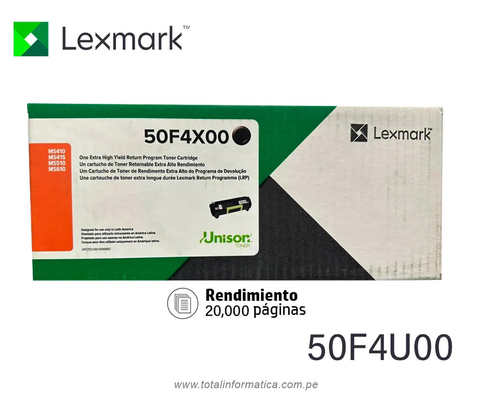 Tóner Original Lexmark 50F4U00 Negro para MS610de / MS610dn – 20,000 Páginas - imagen 1