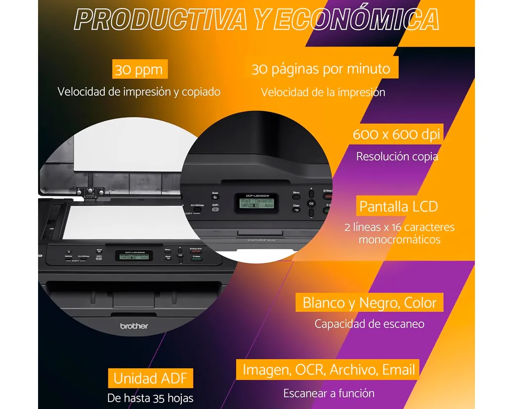 Impresora Láser Multifunción Brother DCP-L2540DW WiFi 30ppm Dúplex - imagen 3