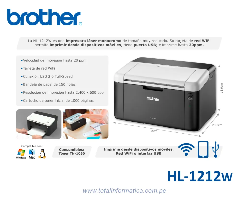 Impresora Láser Brother HL-1212W Monocromo WiFi/USB 2.0 - imagen 2
