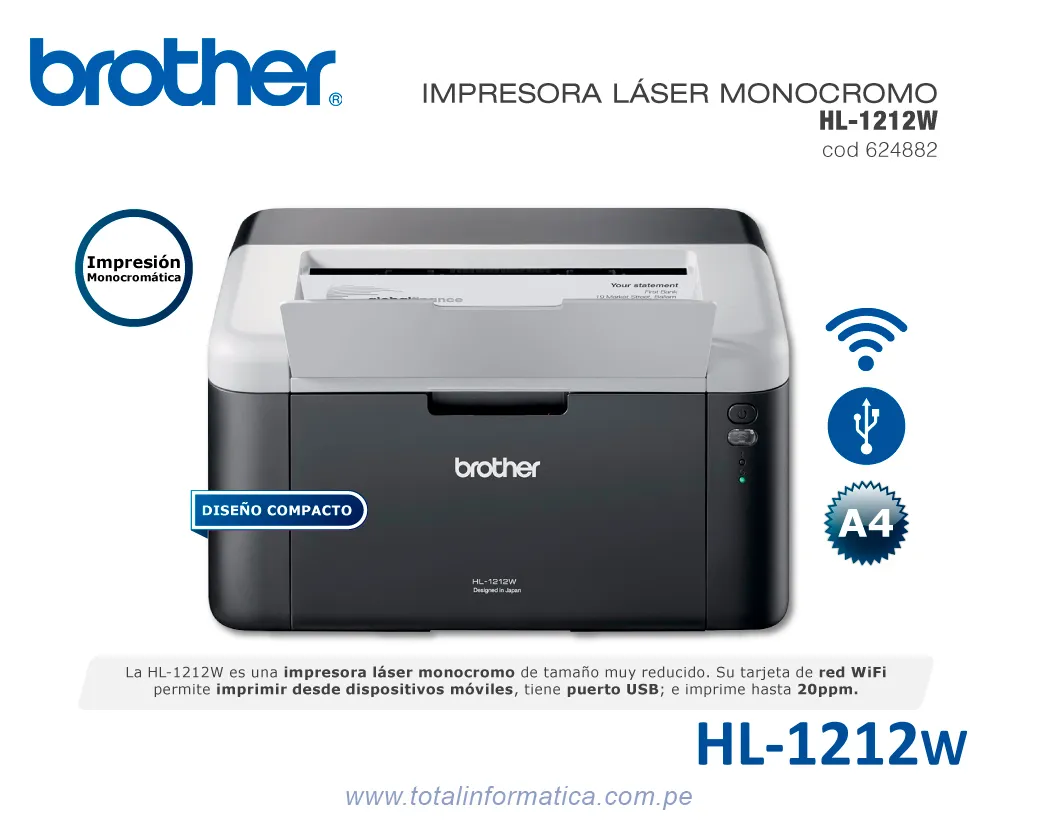 Impresora Láser Brother HL-1212W Monocromo WiFi/USB 2.0 - imagen 3