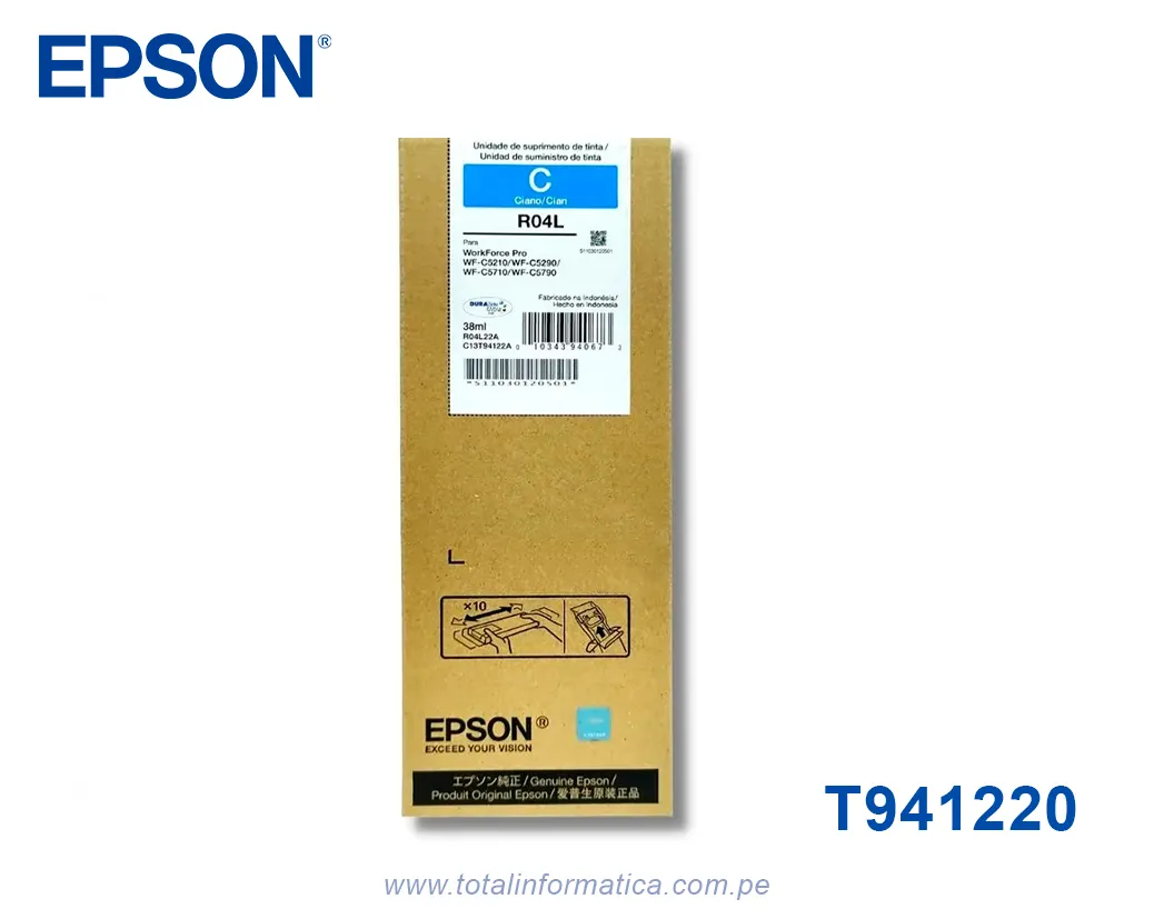 Bolsa de Tinta Epson T941 T941220-AL Original Cyan - WorkForce Pro WF-C5710 / WF-C5790 - imagen 2