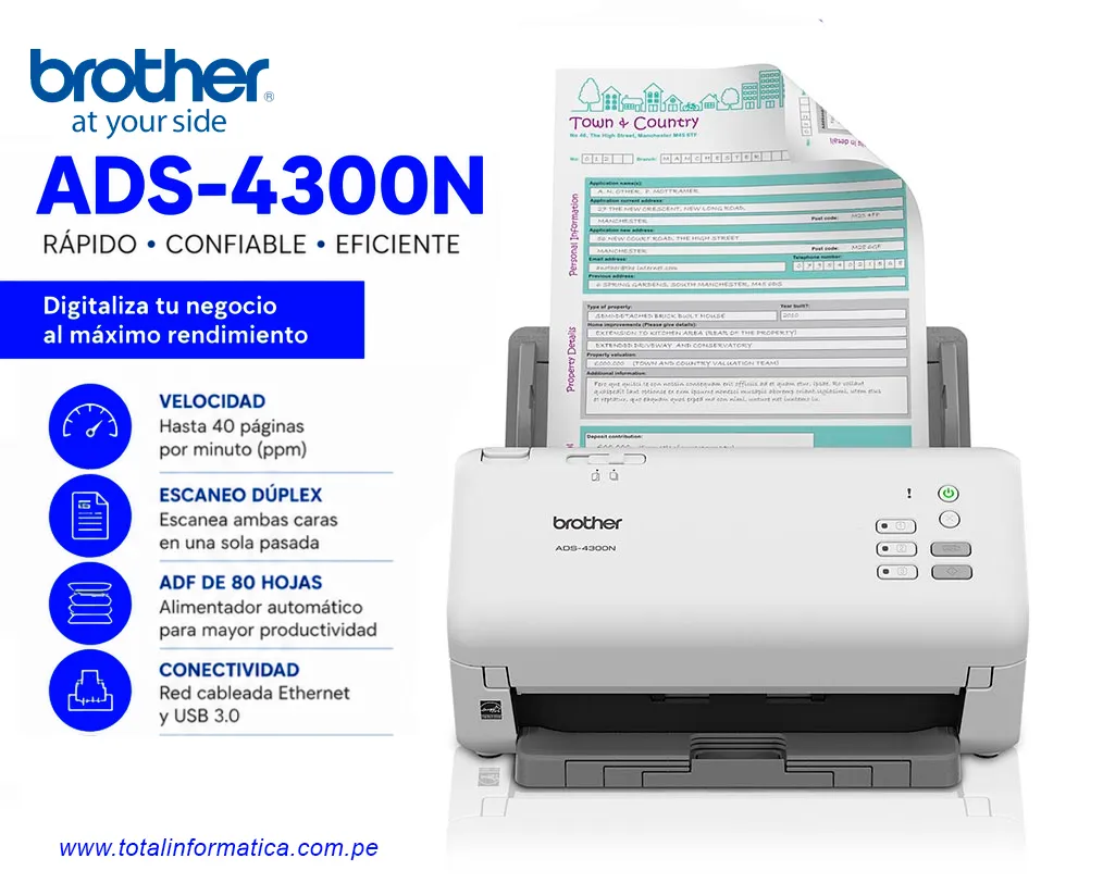 BROTHER ESCÁNER DE SUPERFICIE PLANA ADS-4300N - INALÁMBRICO - 600 X 600 PPP ÓPTICO - ESCANEO DÚPLEX - USB - imagen 2