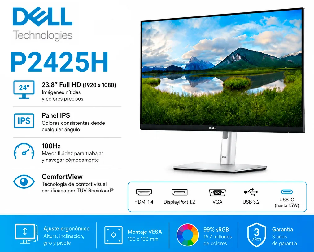 Dell P2425H Monitor 24” FHD IPS 100Hz con USB-C, HDMI y DisplayPort - imagen 1