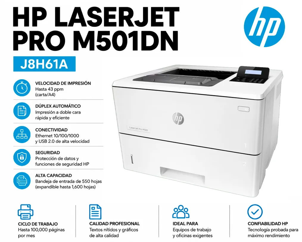 IMPRESORA HP LASERJET PRO M501DN J8H61A, B/N 45 PPM - imagen 3