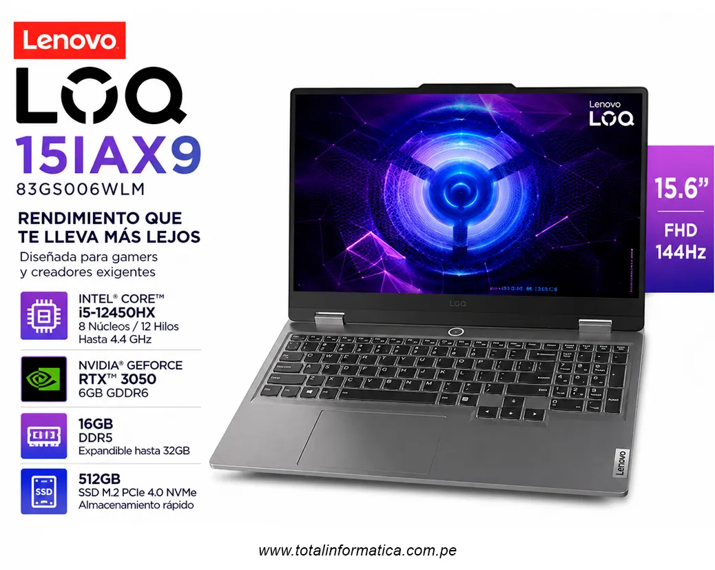 Laptop Lenovo LOQ 15IAX9 15.6" FHD 144Hz Core i5 RTX 3050 16GB 512GB - imagen 1