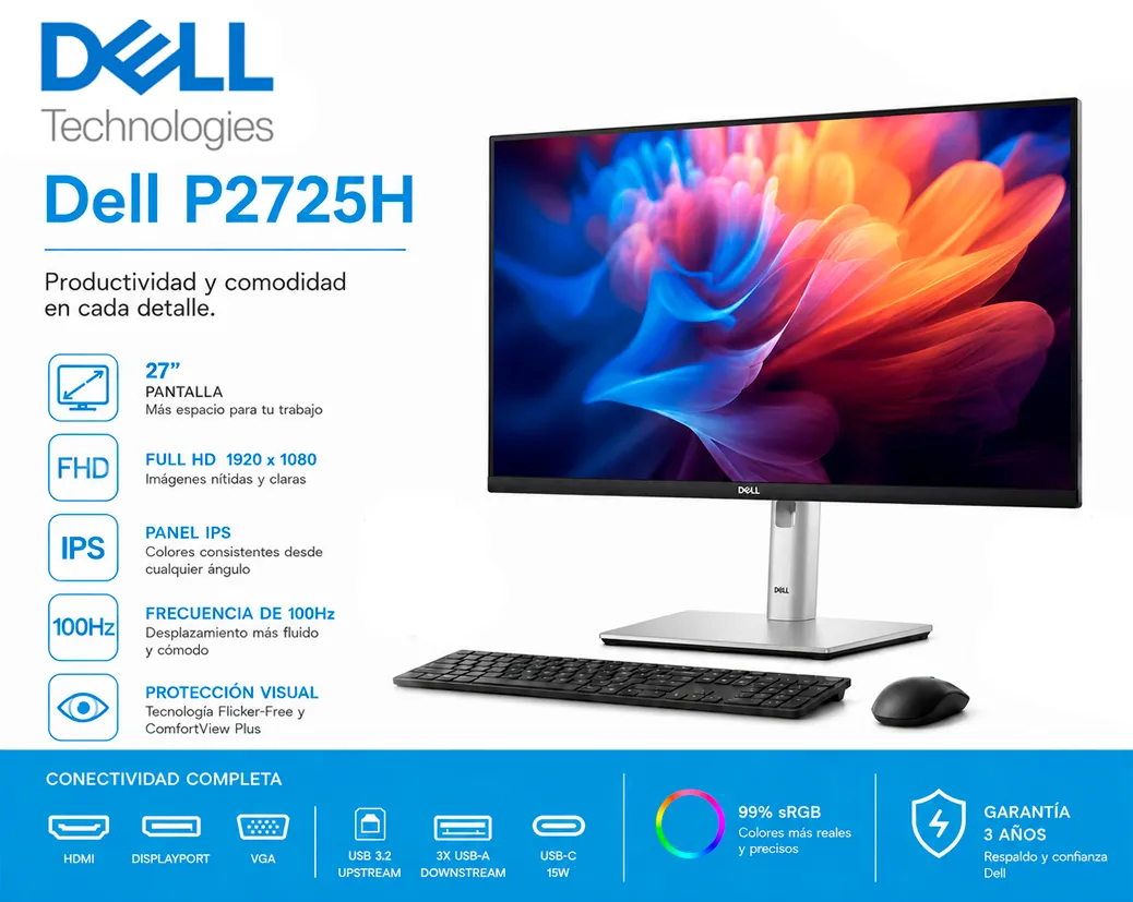 Monitor Dell P2725H 27” FHD IPS 100Hz con HDMI, DisplayPort y USB – Negro - imagen 1
