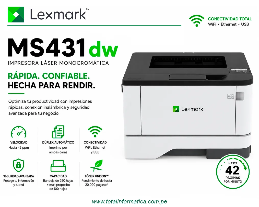Impresora Láser Lexmark MS431dw WiFi Dúplex 42 ppm - imagen 1