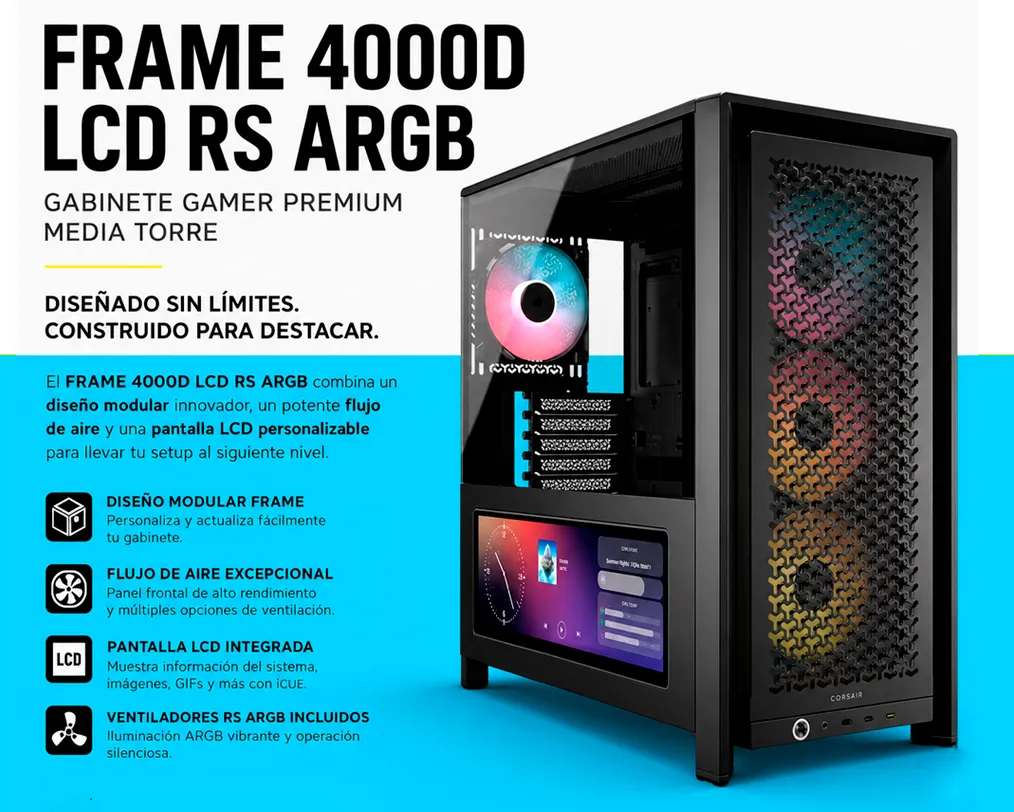 Gabinete Gamer Corsair FRAME 4000D LCD RS ARGB Negro ATX/EATX - imagen 1