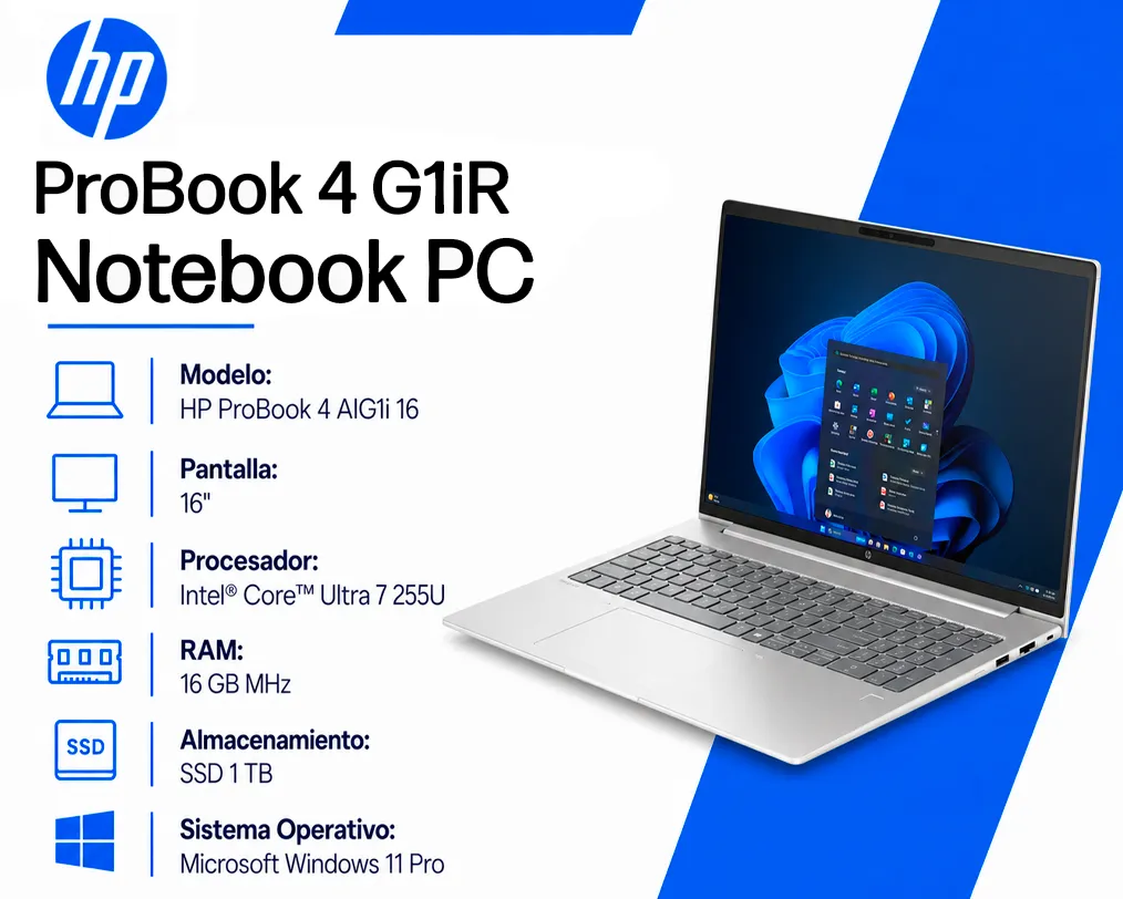 LAPTOP HP ProBook 4 AIG1i Ultra 7-255U 16GB RAM 1TB SSD Pantalla LED 16 Win 11 Pro - imagen 1