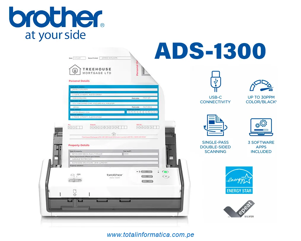 BROTHER ADS-1300 Escaner de Documentos con Dúplex / ADF - imagen 1