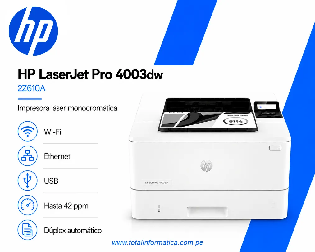 IMPRESORA HP LASERJET PRO 4003DW 2Z610A B/N, WIFI, USB, BL, RED - imagen 3