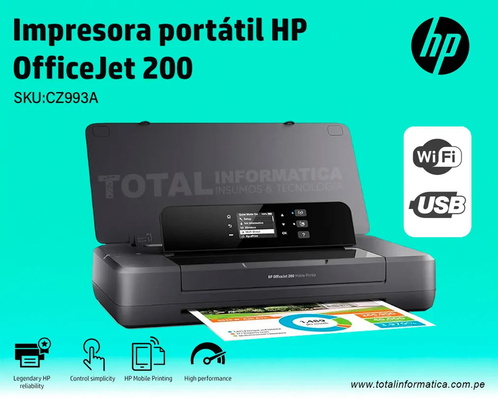 Impresora móvil HP OFFICEJET 200 CZ993A WiFi USB Color 10PPM - imagen 1