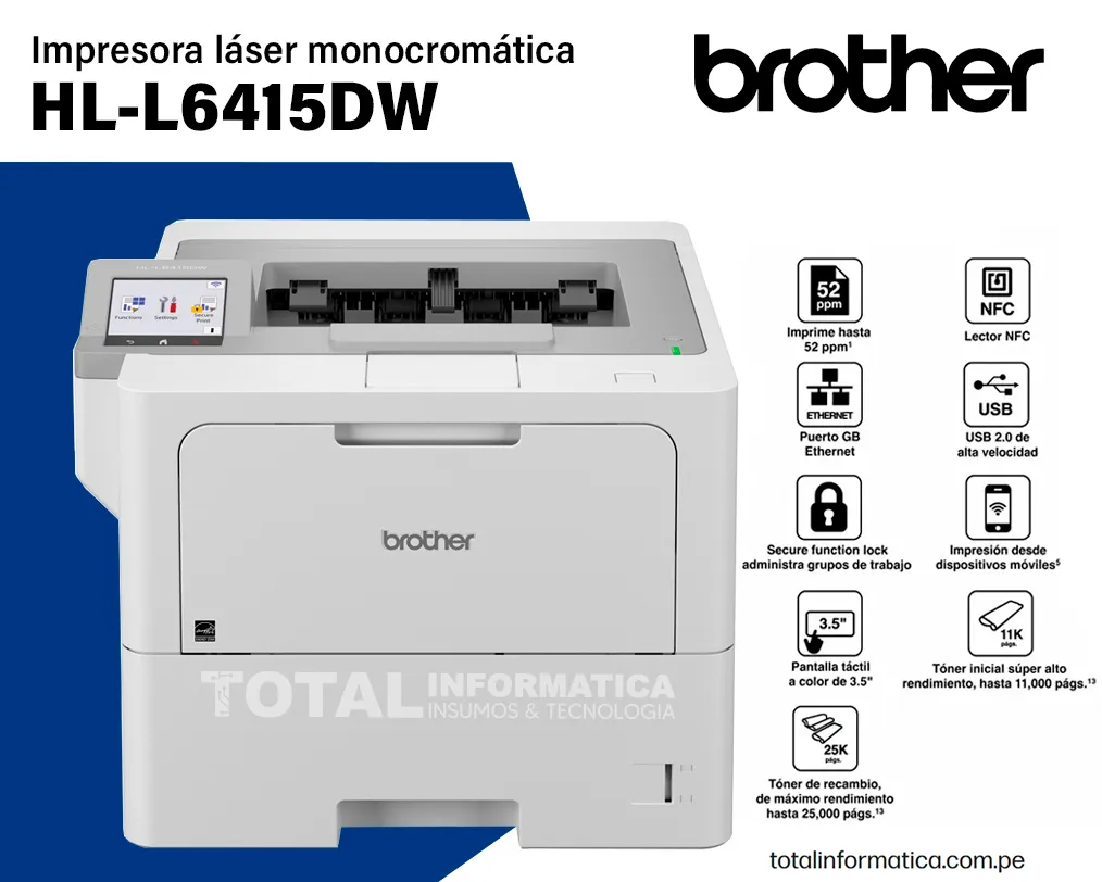 IMPRESORA Brother HL-L6415DW B/N Láser 52PPM Dúplex, Wi-Fi Y Ethernet. - imagen 1