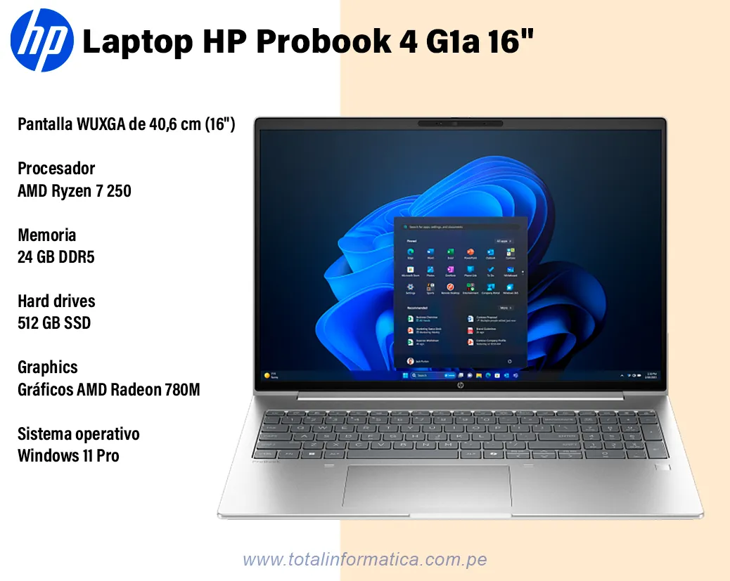  LAPTOP HP Probook 4 G1a LED 16" CH0N6LT AMD Ryzen 7 250, 24GB RAM, 512GB SSD, Win 11 Pro. - imagen 1