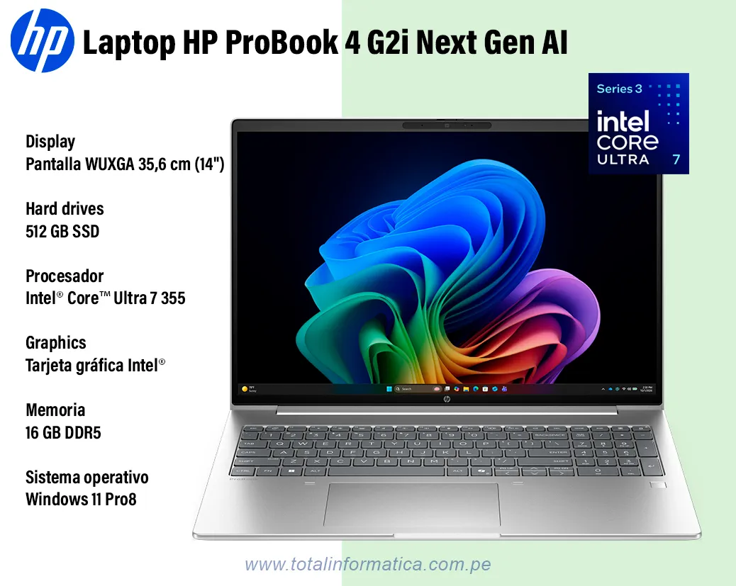 LAPTOP HP ProBook 4 G2i LED 14" D9FJ2AT Core Ultra 7 355, 16GB RAM, 512 GB SSD, Win 11 Pro.  - imagen 1