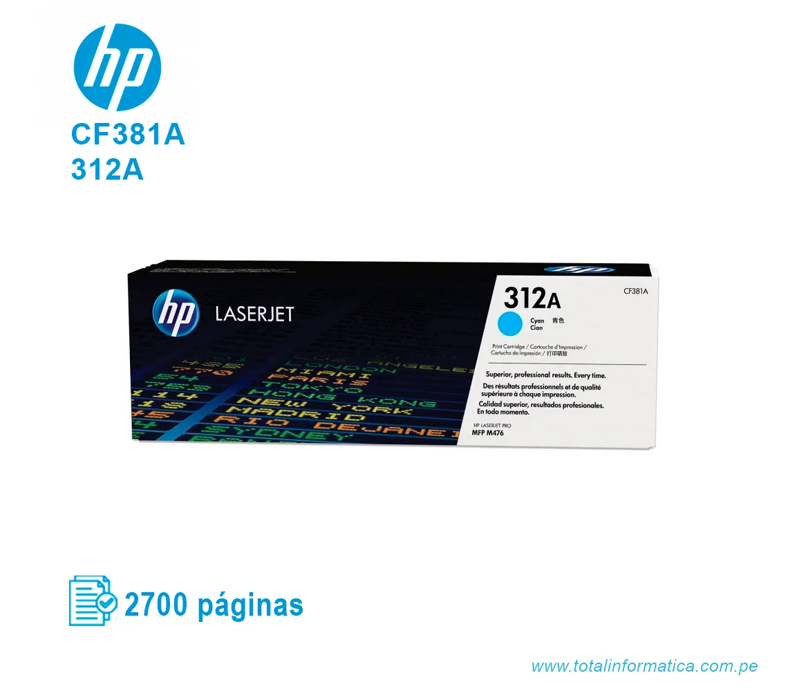 TONER HP 312A CYAN ( CF381A ) LASERJET M476, 2.7K PGS - imagen 1