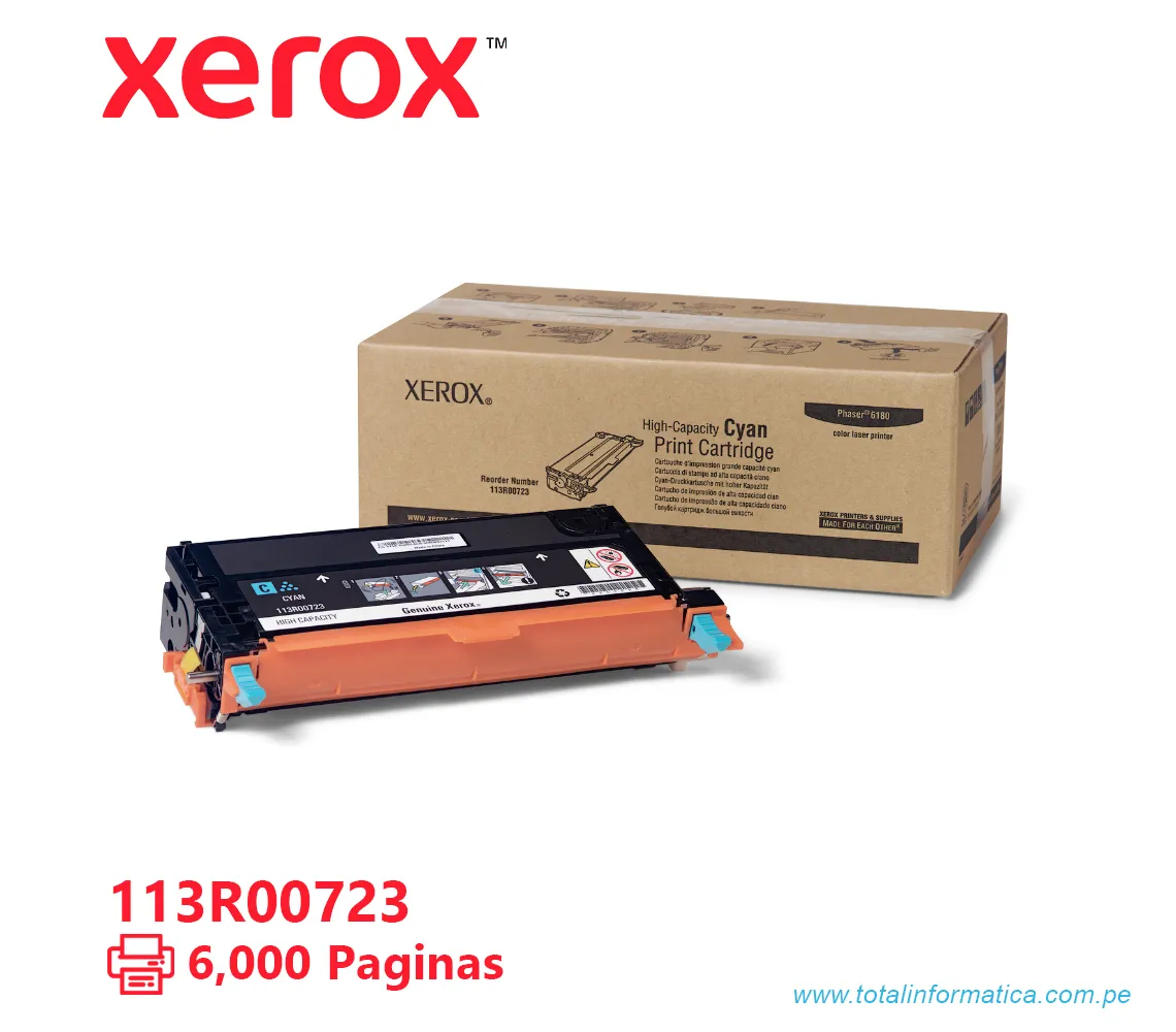 TONER XEROX ( 113R00723 ) PHASER 6180 CYAN, 6K PÁGINAS - imagen 1