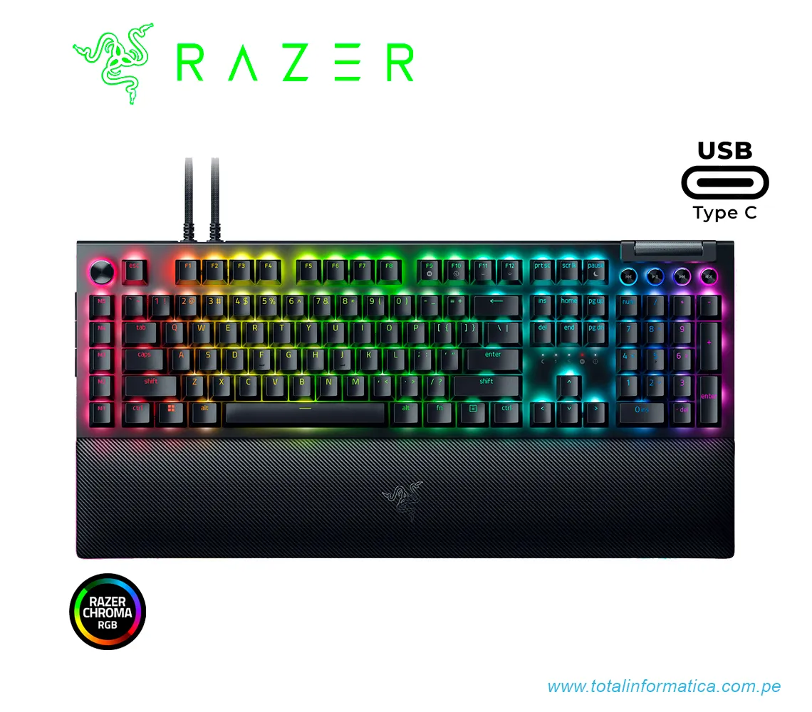 TECLADO GAMING RAZER BLACKWIDOW V4 PRO, MECANICO SWITCH GREEN, USB-C, RGB CHROMA, NEGRO(RZ03-04680200-R3U1) - imagen 1