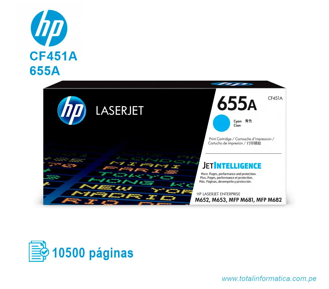 TONER HP 655A CYAN ( CF451A ) LASERJET PRO ENT M652, 10.5K PG - imagen 1