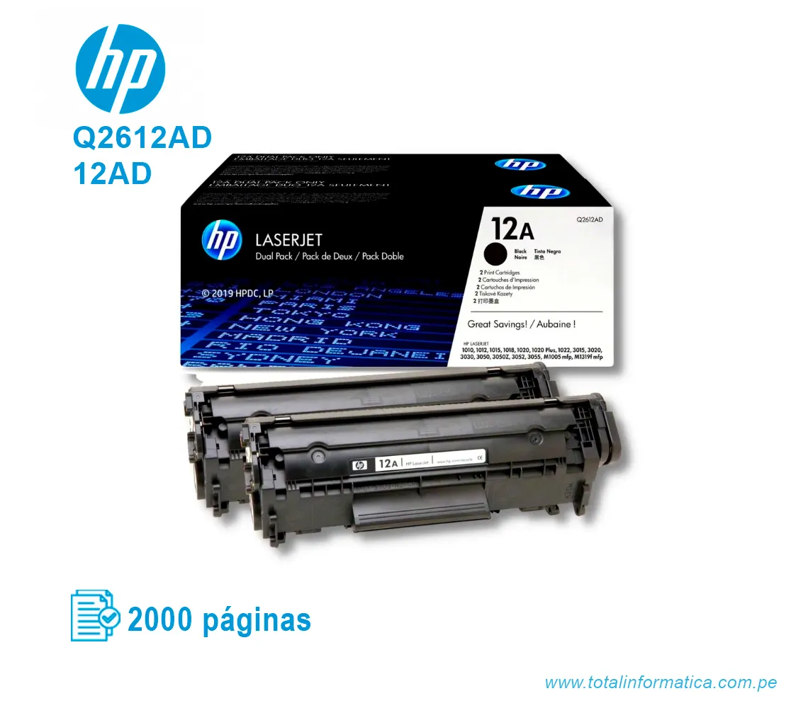TONER HP 12AD BLACK DUAL PACK ( Q2612AD ) LASERJET 1010, 2000 PG - imagen 2