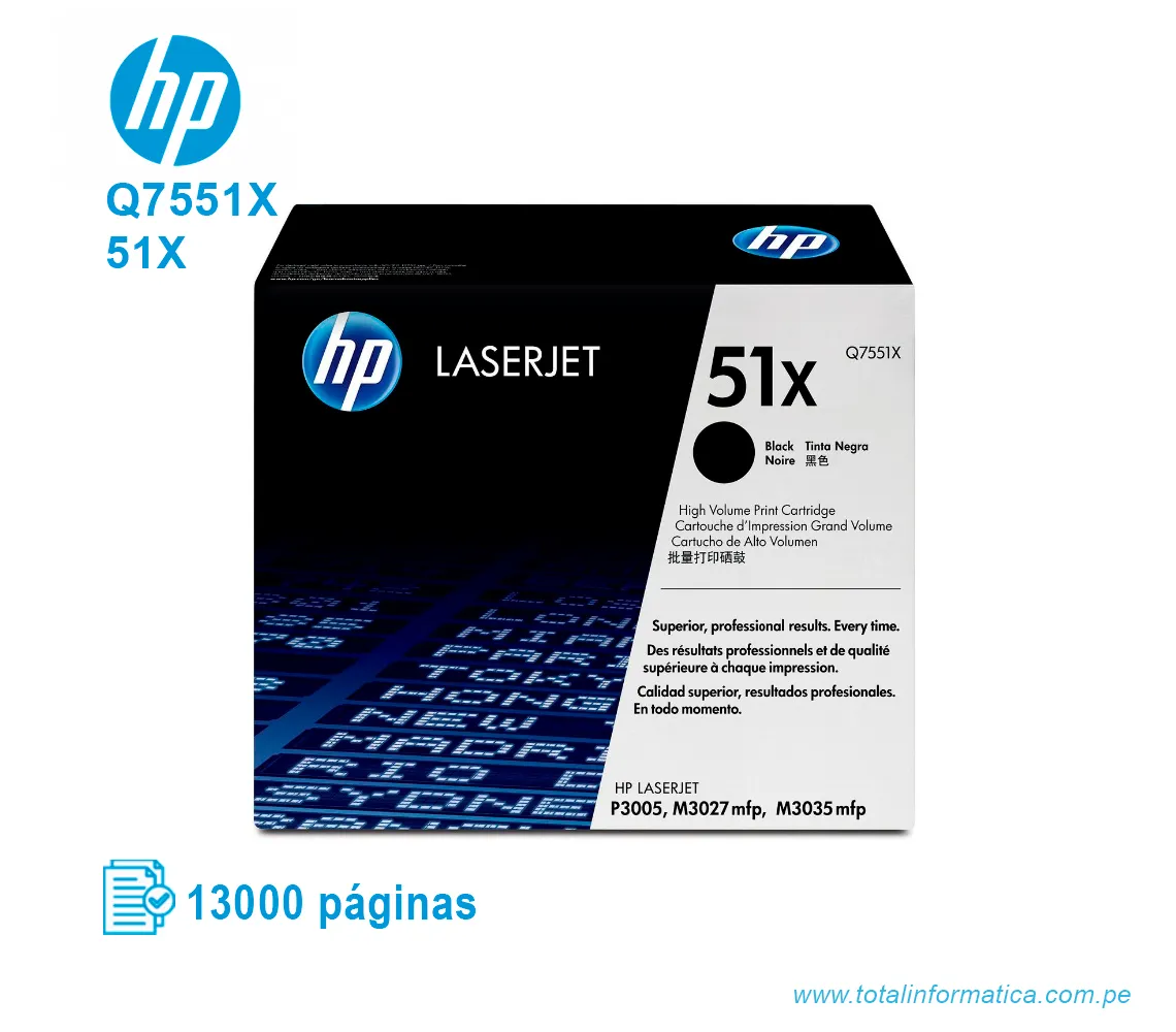 TONER HP 51X BLACK ( Q7551X ) LASERJET P3005X, 13000 PG - imagen 1
