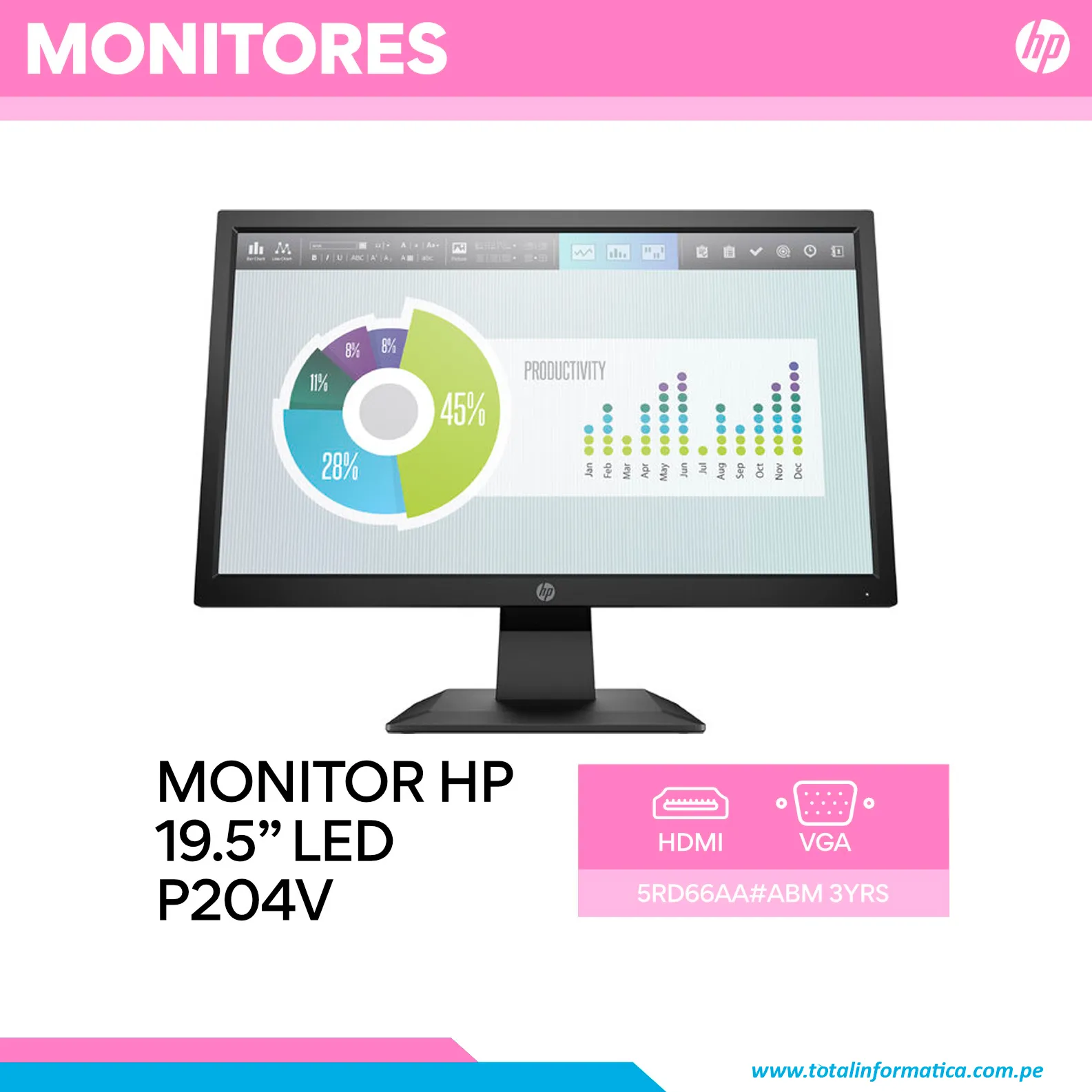 MONITOR HP P204V 5RD66AA 19.5" HD, 1600 X 900 A 60HZ, TN LED, HDMI VGA  - imagen 2