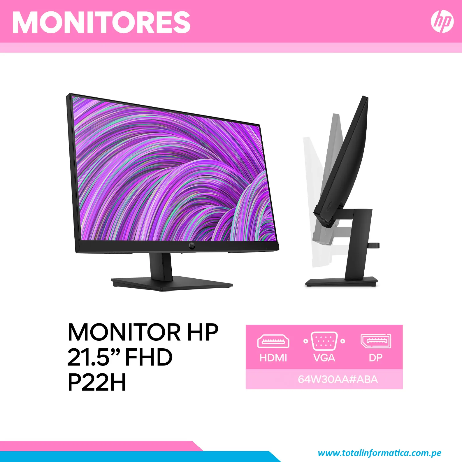 MONITOR HP PRODISPLAY P22H G5 64W30AA 21" FHD, 5MS, 75HZ IPS - imagen 2