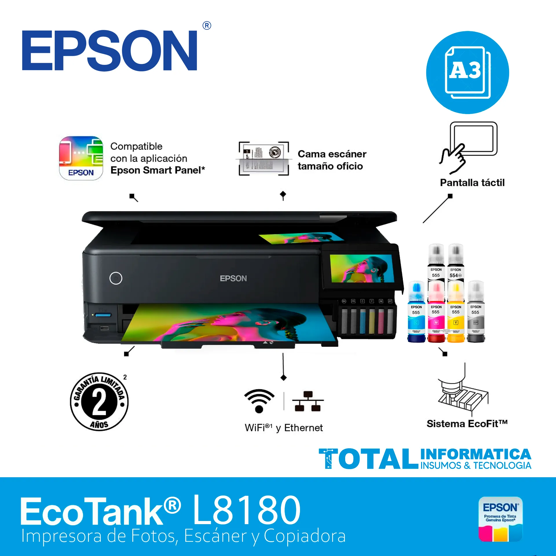 IMPRESORA EPSON ECOTANK L8180 (C11CJ21303) IMPRIME, ESCANEA, COPIA, LAN/WI-FI/USB 2.0 - imagen 5