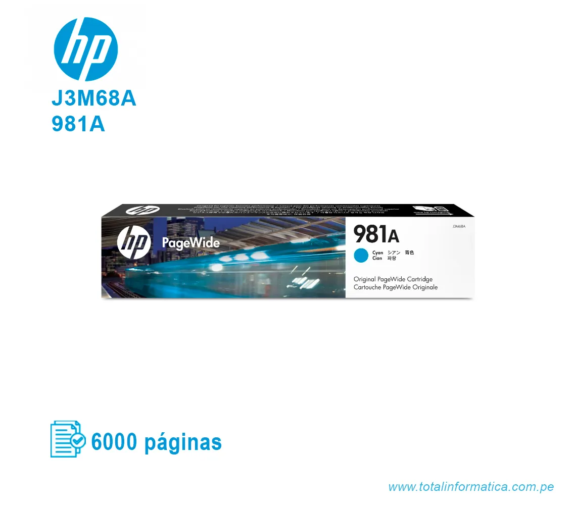 TINTA HP 981A CYAN J3M68A PAGE WIDE PRO X556, X586, 6000 PAGINAS - imagen 1