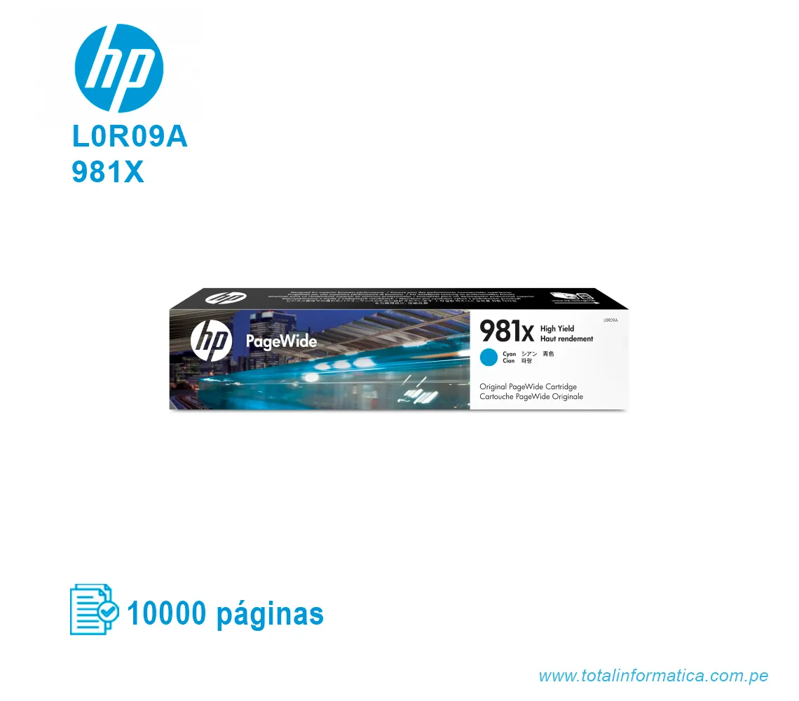 TINTA HP 981X CYAN L0R09A PAGE WIDE PRO X556, X586, 10000 PAGINAS - imagen 1