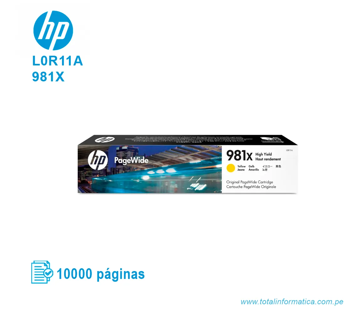 TINTA HP 981X YELLOW L0R11A PAGE WIDE PRO X556, X586, 10000 PAGINAS - imagen 1