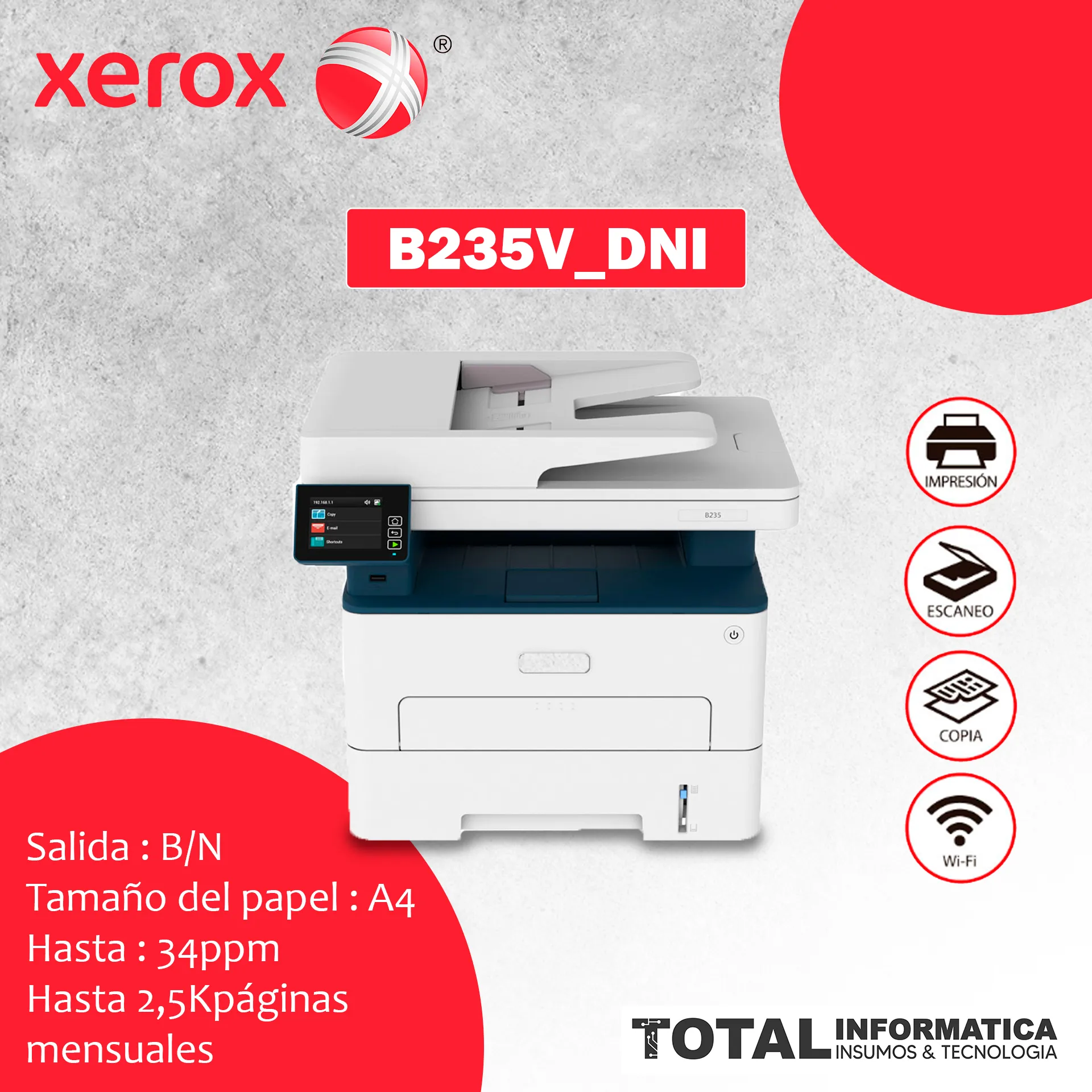MULTIFUNCIONAL LASER XEROX B235V/DNI, A4/34PPM, MONOCROMATICA - imagen 4