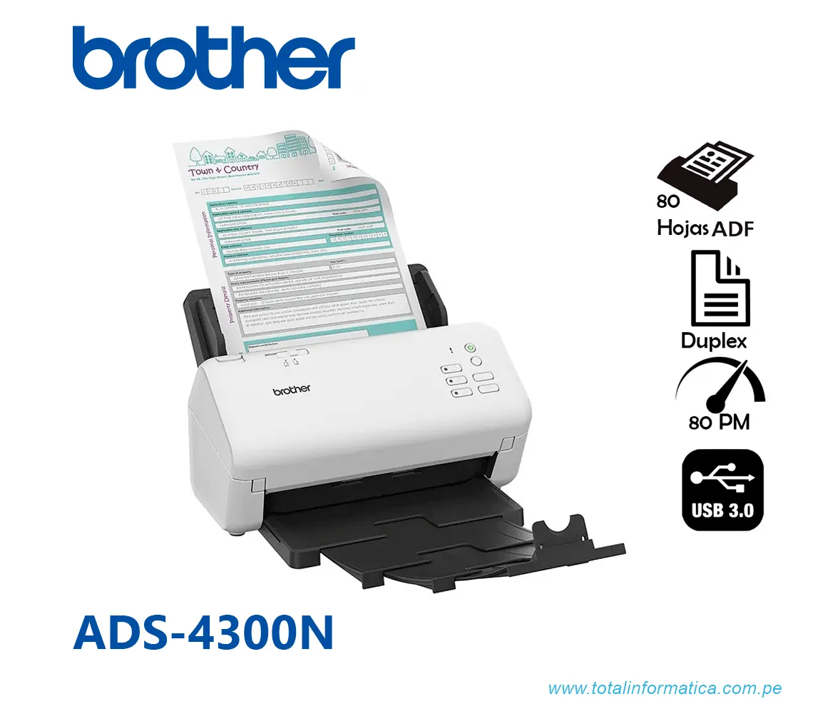 BROTHER ESCÁNER DE SUPERFICIE PLANA ADS-4300N - INALÁMBRICO - 600 X 600 PPP ÓPTICO - ESCANEO DÚPLEX - USB - imagen 1