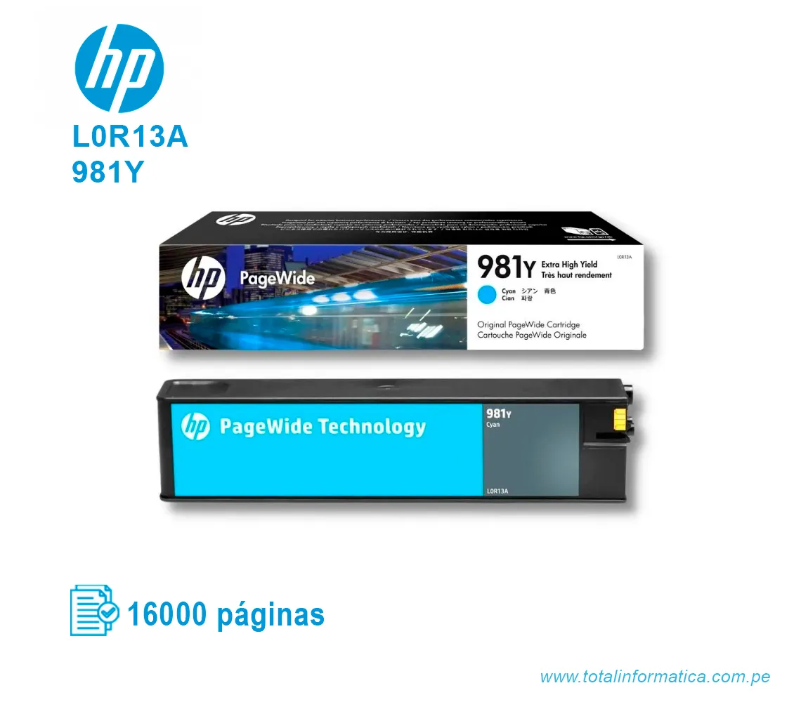 TINTA HP L0R13A PAGE WIDE PRO X556, X586 (NÂ° 981Y) CYAN (16,000 PAG) - imagen 2
