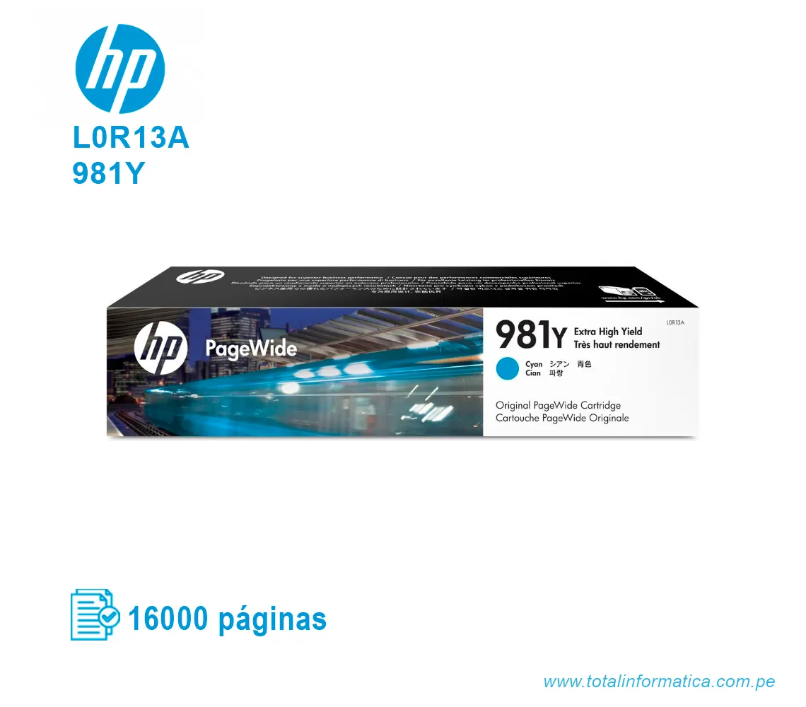 TINTA HP L0R13A PAGE WIDE PRO X556, X586 (NÂ° 981Y) CYAN (16,000 PAG) - imagen 1