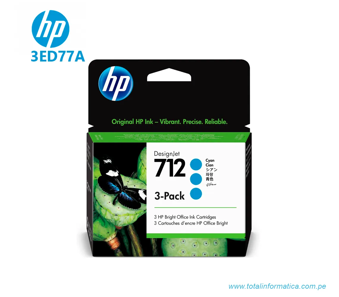 TINTA HP 3ED77A (712A) PAQUETE DE 3, 29ML CIAN, DESIGNJET T210, T230, T250, T630, T650 - imagen 1