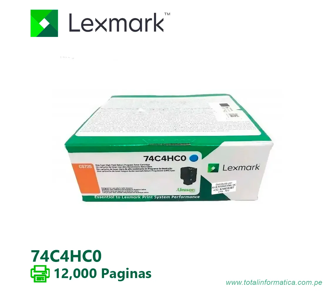 TONER LEXMARK ( 74C4HC0 ) CS72X CYAN CRTG HIGH - imagen 1