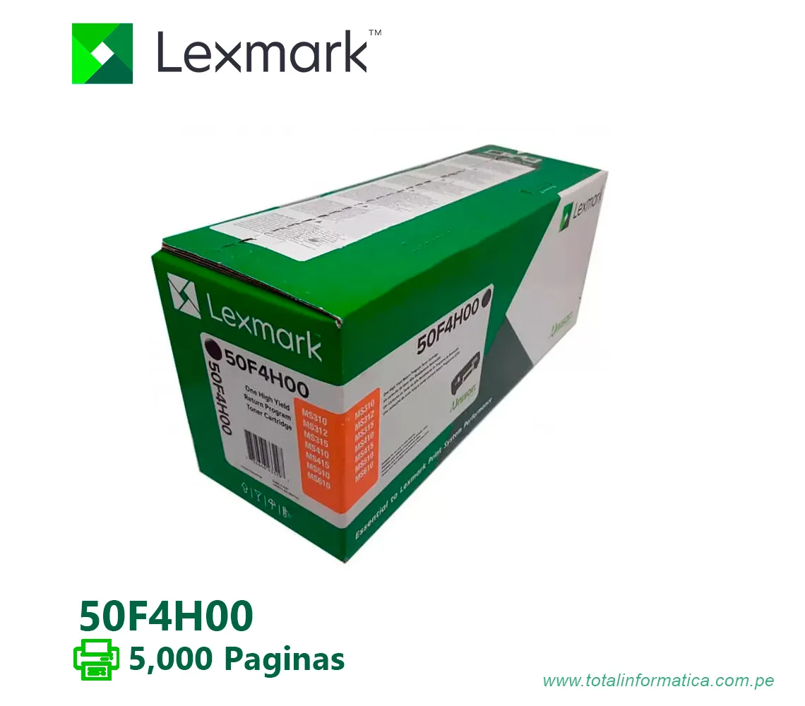 TONER LEXMARK (50F4H00) NEGRO MS610,MS410,MS415,MS310,MS312,MS315 5,000PG - imagen 1