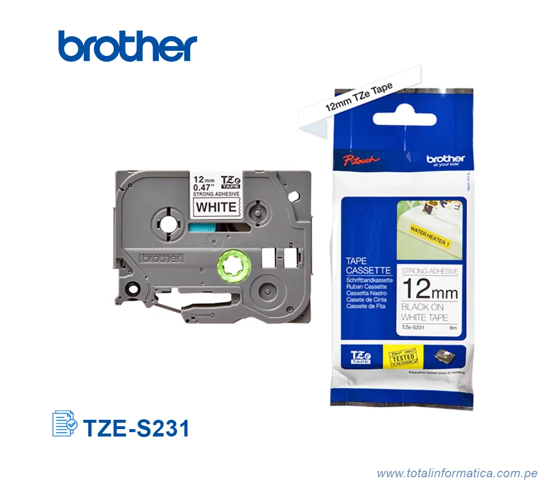 CINTA BROTHER TZE-S231/TZES231 12 MM BLACK ON WHITE 1/2" - imagen 2