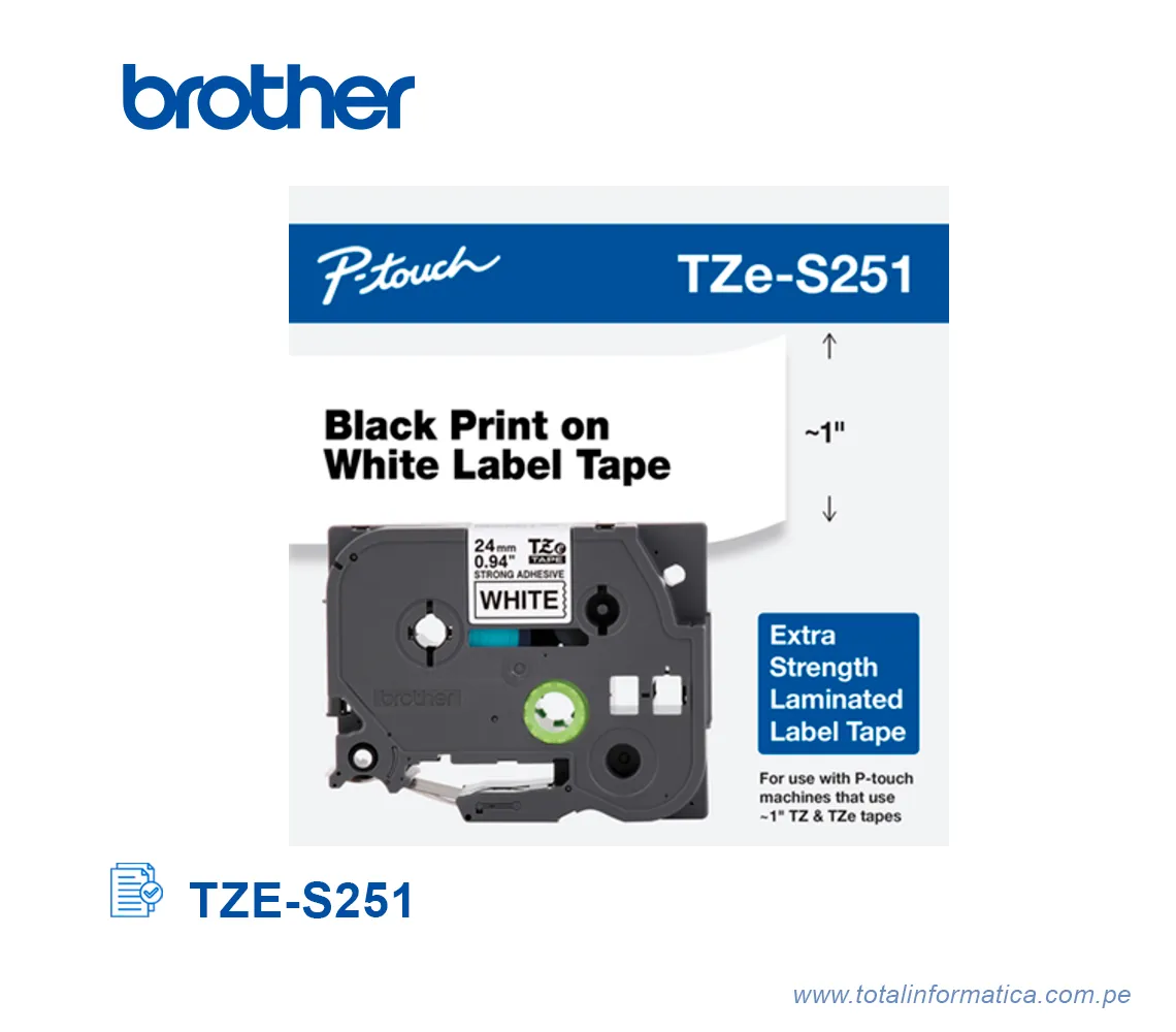 CINTA BROTHER TZE-S251/TZES251 24MM, BLACK ON WHITE  INDUSTRIAL 1" - imagen 1