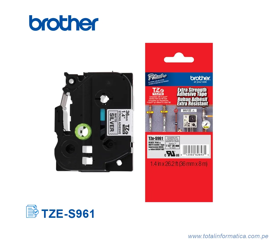 CINTA BROTHER TZES961 36MM BLACK ON MATE SILVER 1.5"  - imagen 2