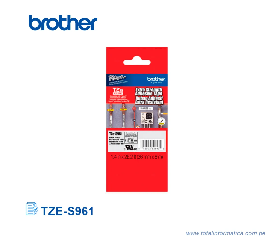 CINTA BROTHER TZES961 36MM BLACK ON MATE SILVER 1.5"  - imagen 1
