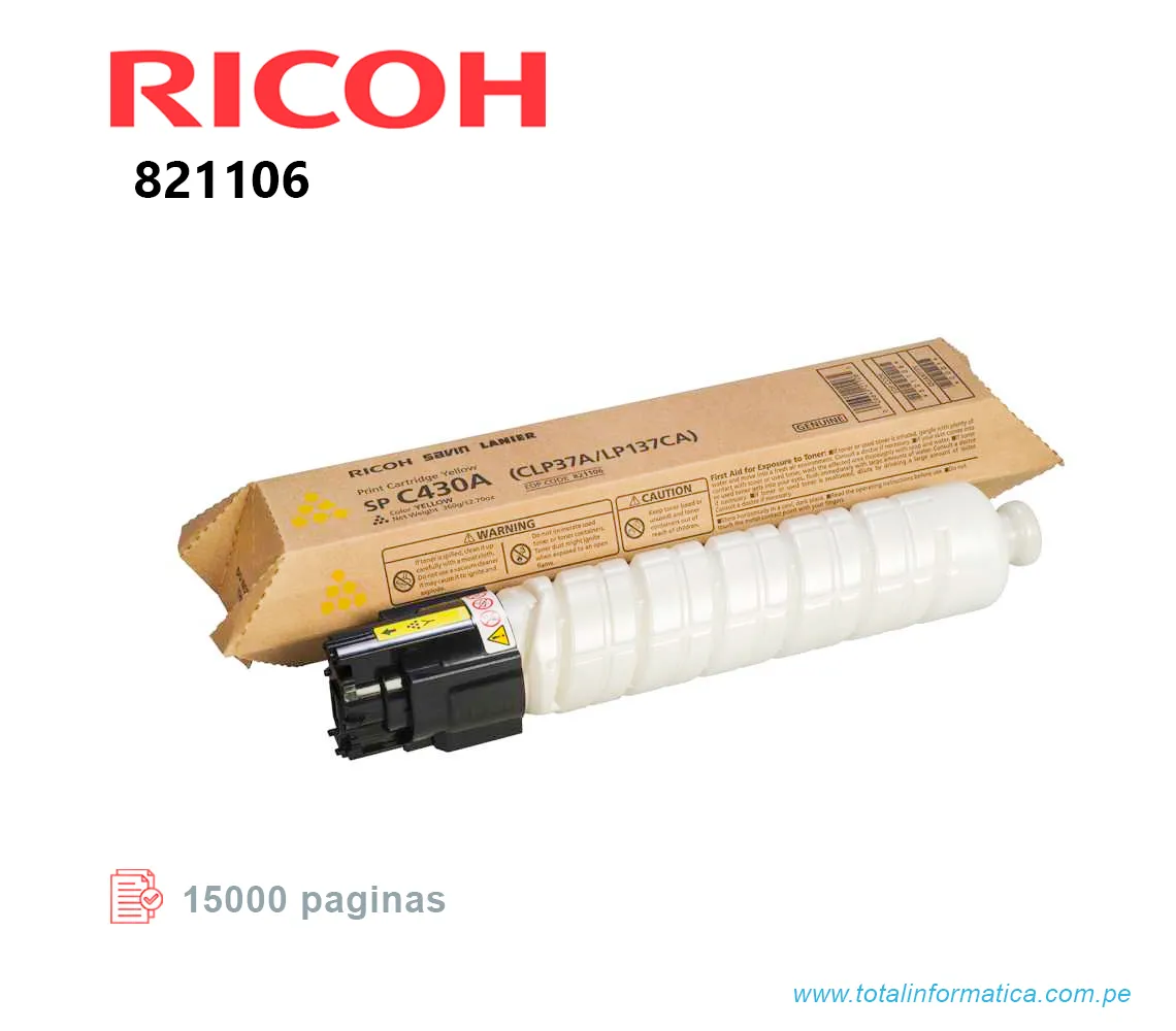 TONER RICOH 821106 YELLOW, SPC430A 15KPG  - imagen 2