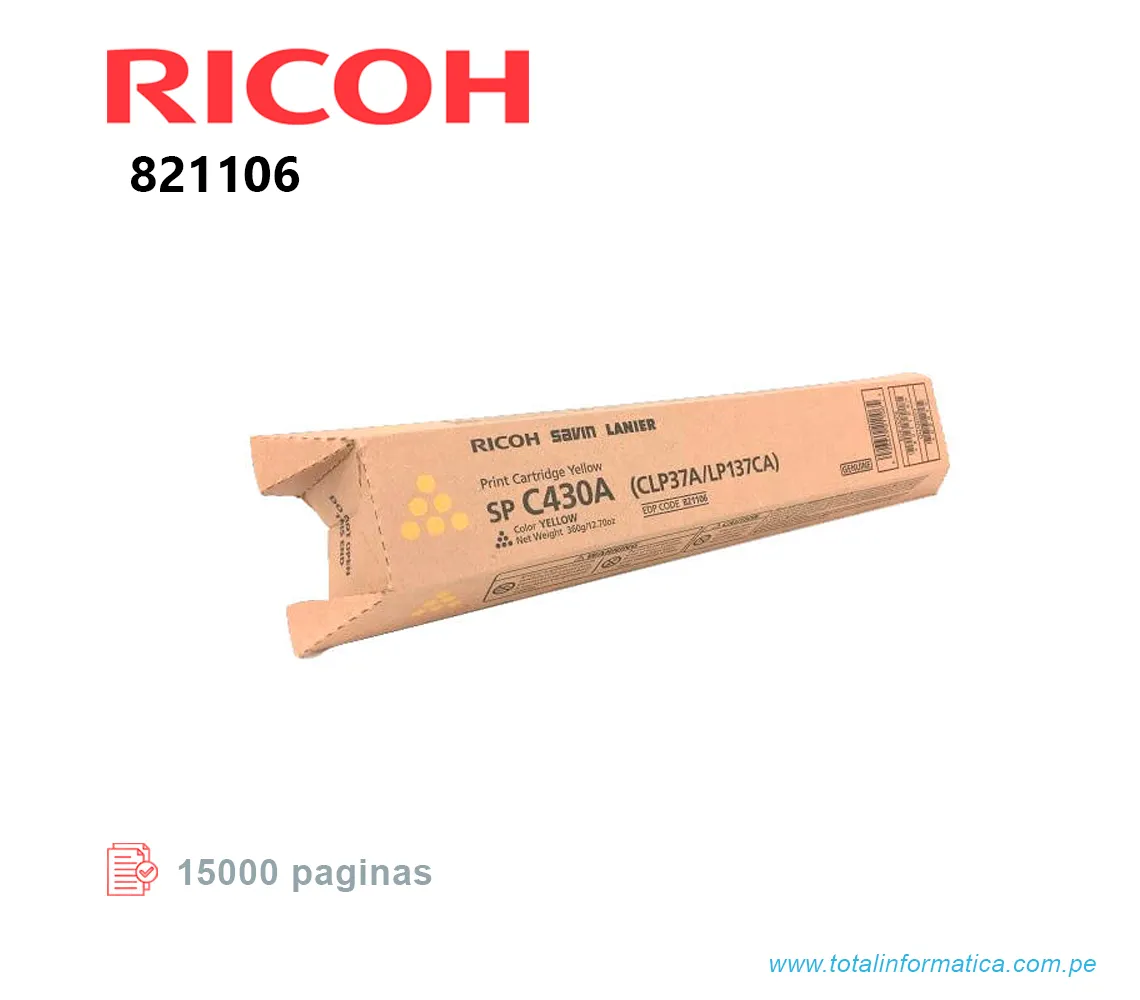 TONER RICOH 821106 YELLOW, SPC430A 15KPG  - imagen 1