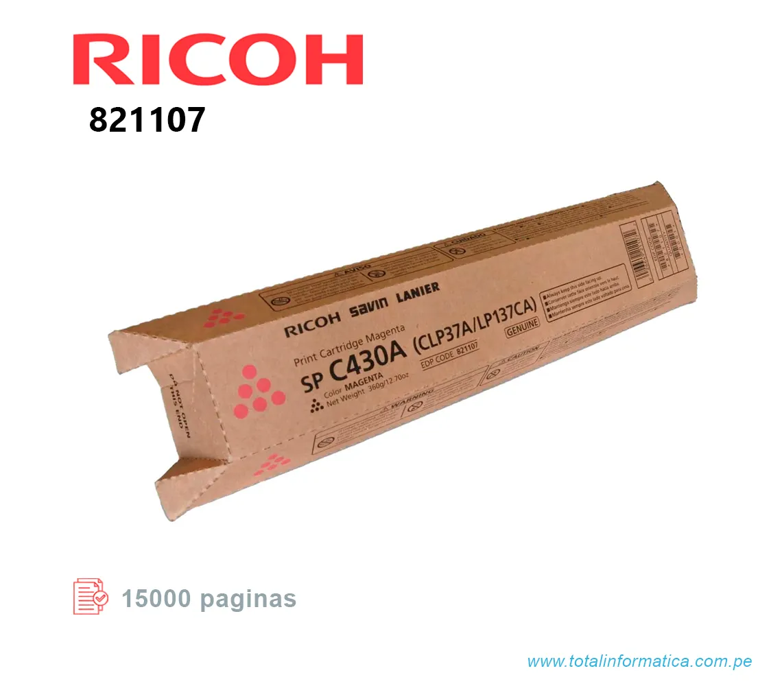 TONER RICOH 821107 MAGENTA, SP C430A 15KPG - imagen 1