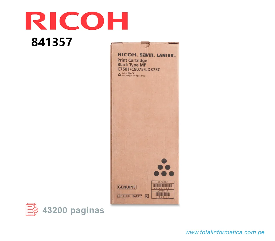 TONER RICOH 841357 BLACK MP C7501, LD375C 43.2KPG - imagen 1